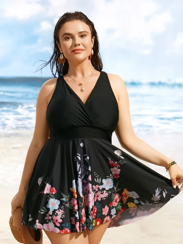 Overlap Collar Natural Flowers Gathered Swim Dress One-shoulder unclassified dresses
