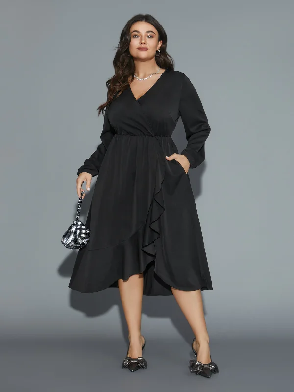 Plain Overlap Collar Ruffle Trim Dress Elegant evening unclassified dresses