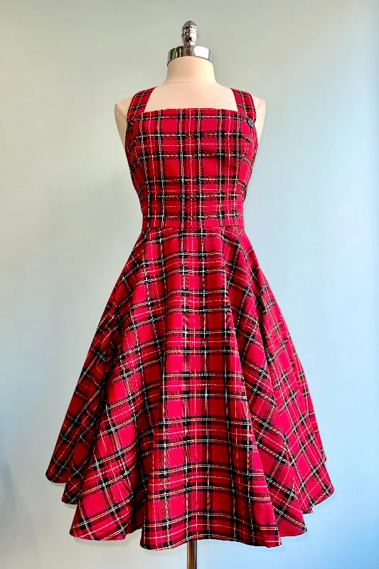 Red Plaid Irvine Pinafore Dress by Hell Bunny Beach unclassified dresses