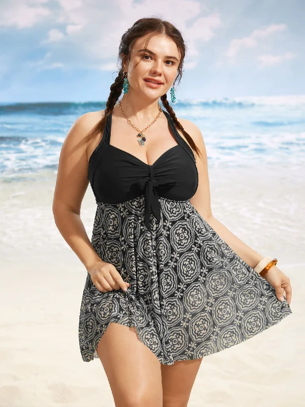 Boho Print Patchwork Tie Knot Gathered Swim Dress Lightweight unclassified dresses