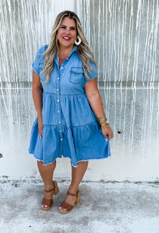 Lightweight Tiered Denim Dress by Blakeley Cool Denim Skirt