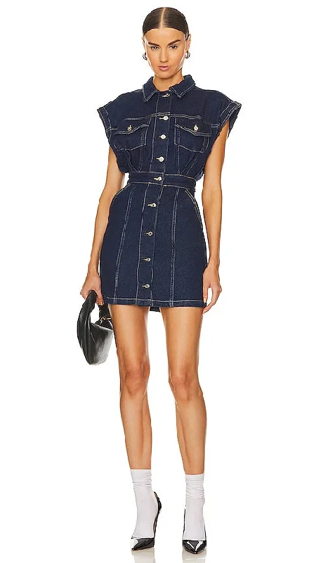 GRLFRND Celeste Denim Vest Dress in Blue Flared Denim Skirt