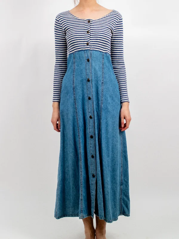 1990s Denim and Cotton Striped Knit Dress by Rafaella Jeans Classic Blue Denim Skirt