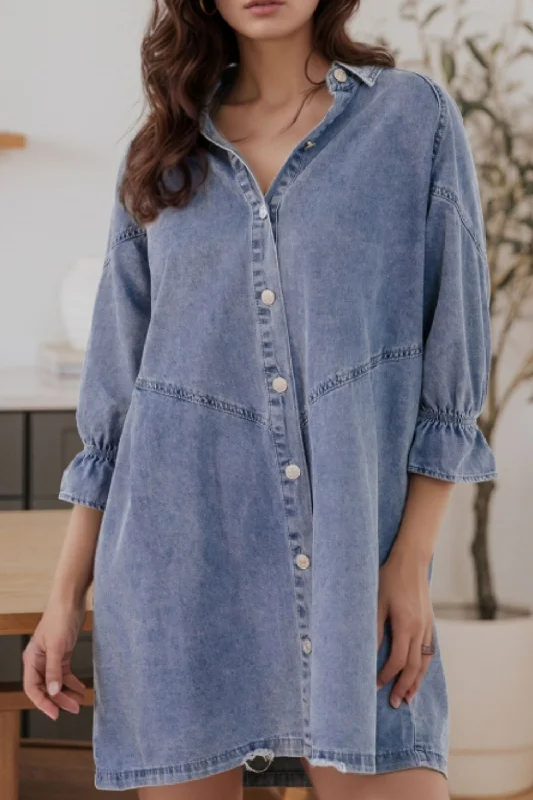 Blue Zone Planet |  Distressed Collared Neck Flounce Sleeve Denim Dress Buttoned-up Denim Skirt