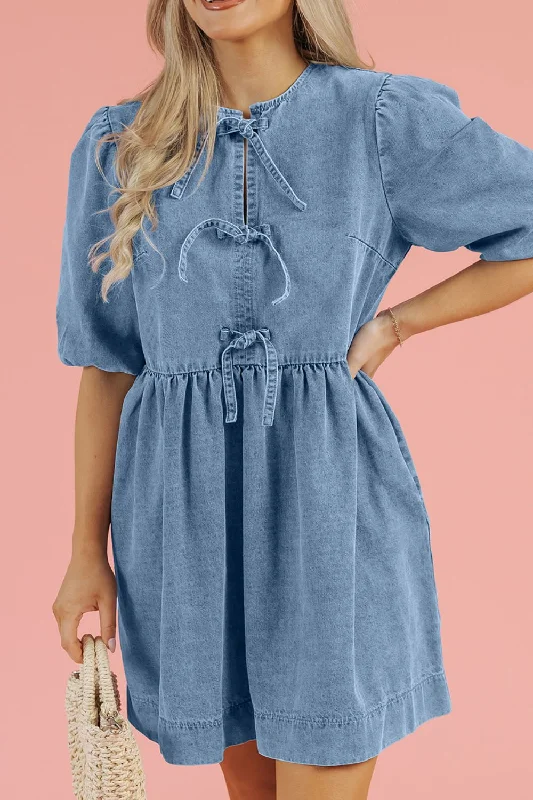 Bowknot Round Neck Half Sleeve Denim Dress Front Button Denim