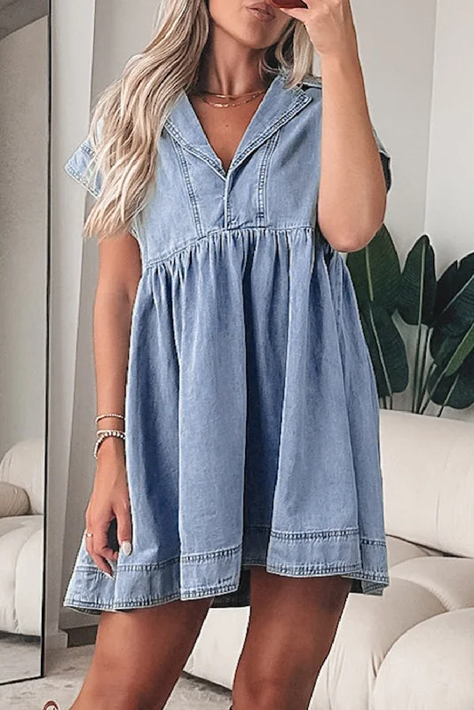 Blue Zone Planet |  Beau Blue Lapel Neck Cap Sleeve High Waist Denim Babydoll Dress Loose Fit Denim