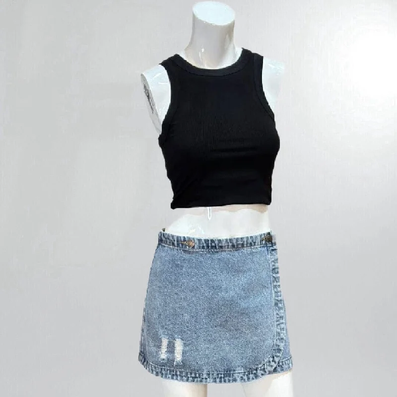 Distressed Faded Denim Wrap Mini Skirt