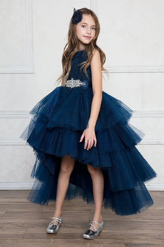 Girls Layered High Low Dress with Lace Bodice by Calla D825