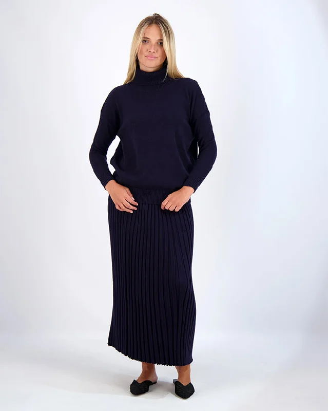 KNIT PLEATED SKIRT-NAVY