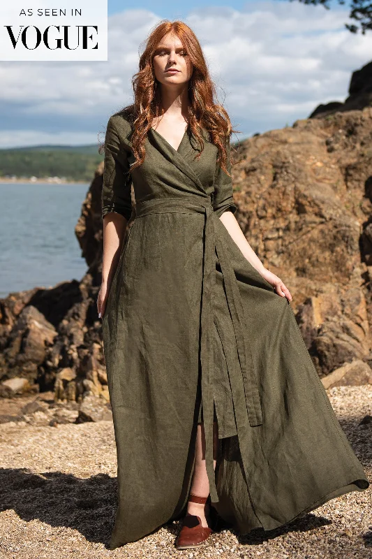 Maxi Linen A-Line Dress with Tie Waist