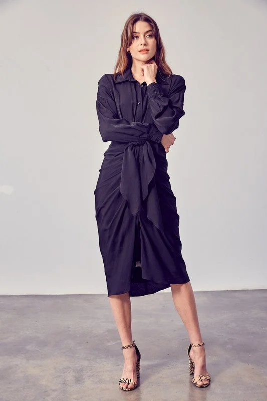 Angela, Collar button down front tie midi dress