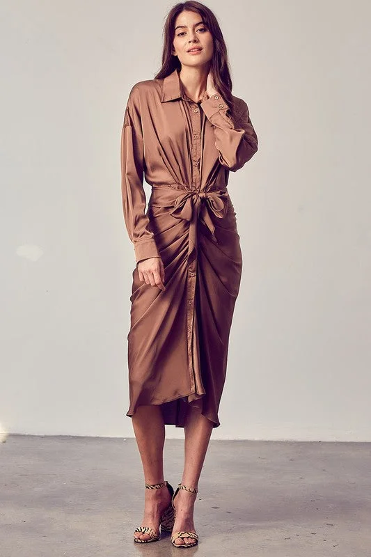 Angelina, Collar button down front tie midi dress