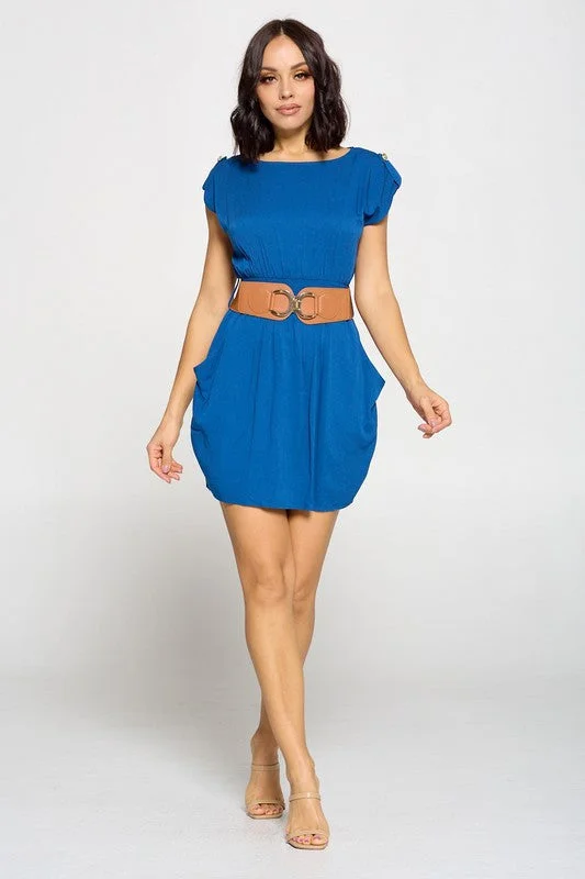 Belinda, Shoulder tab belted dress with pockets