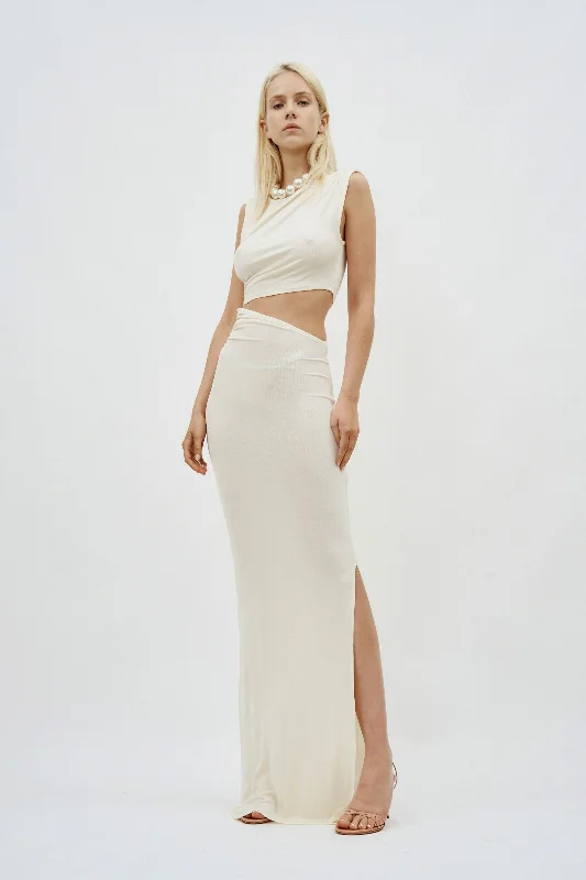 Cut Out Sleeveless Long Ribbed Off White Dress