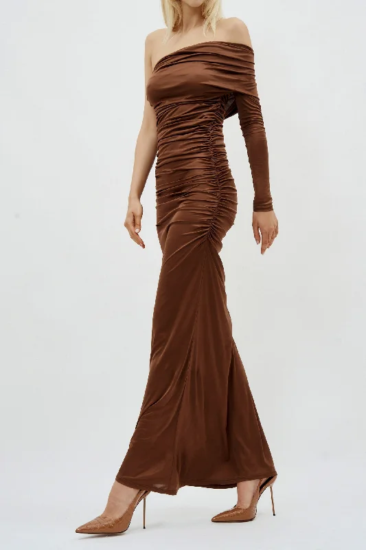 Draped Long Sleeve Bronze Gown