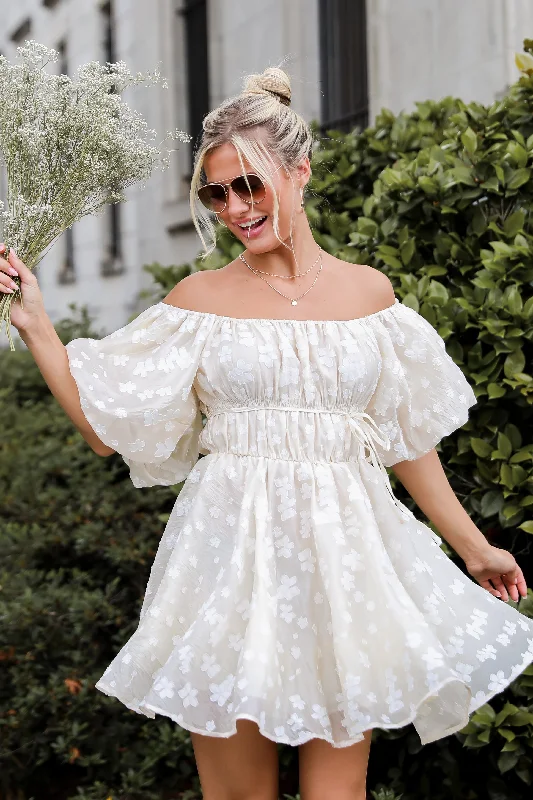 FINAL SALE - Garden Radiance Ivory Floral Puff Sleeve Mini Dress