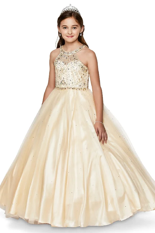 Girls Long Halter Tulle Dress with Beaded Illusion Bodice 5027