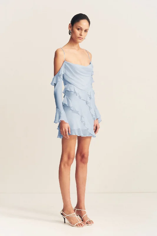 LAYLA LONG SLEEVE RUFFLE MINI DRESS - SKY