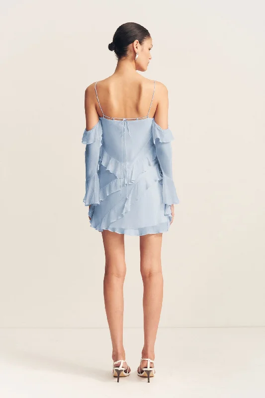 LAYLA LONG SLEEVE RUFFLE MINI DRESS - SKY