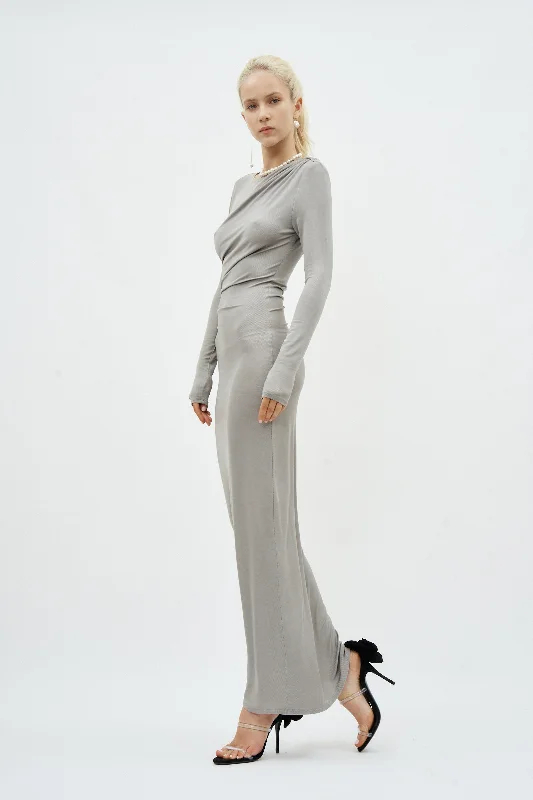 Long Sleeve Ruched Bodycon Grey Dress