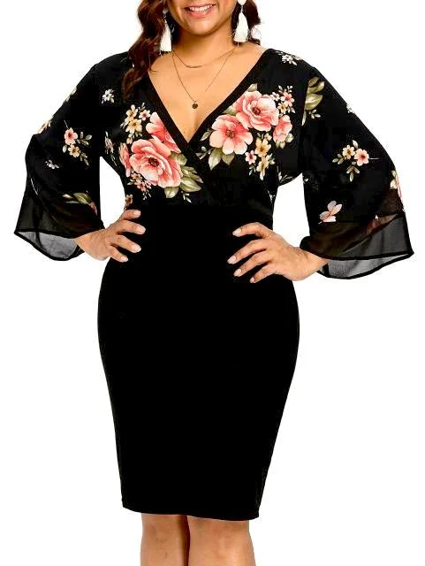 Low Cut Floral Plunging Neck Dress