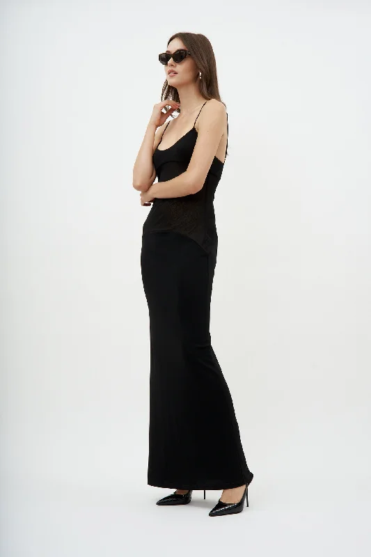 Mesh Stomach Maxi Black Dress