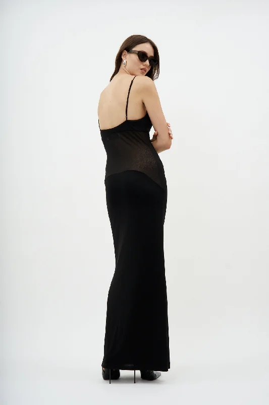 Mesh Stomach Maxi Black Dress