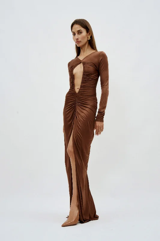 Open Front Ruched Bronze Gown