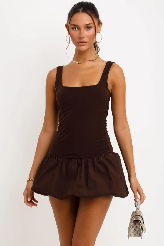 Puffball Dress With Scoop Neck Brown