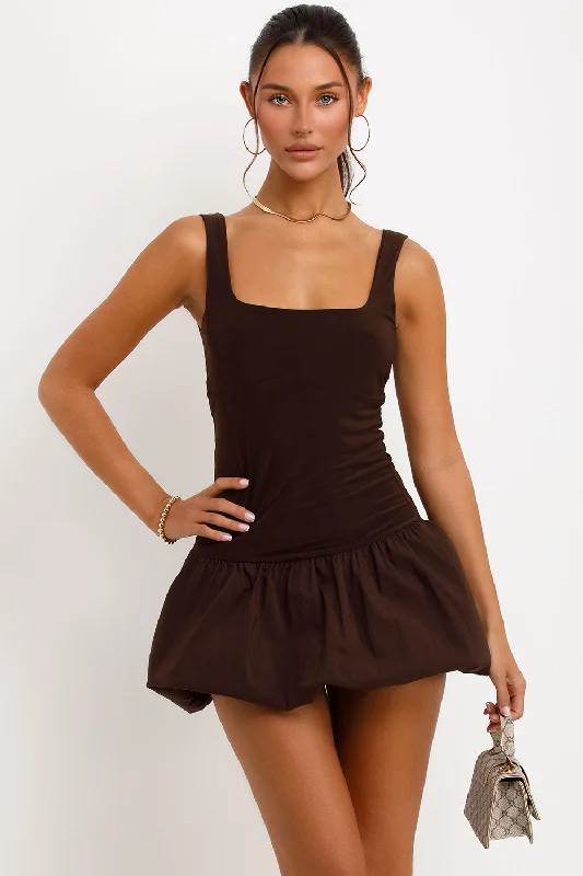 Puffball Dress With Scoop Neck Brown