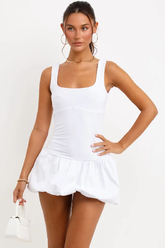 White Puffball Dress With Scoop Neck