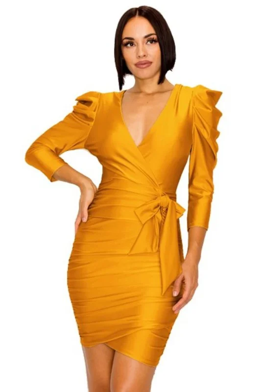 Kim, Puff sleeve wrap belted dress