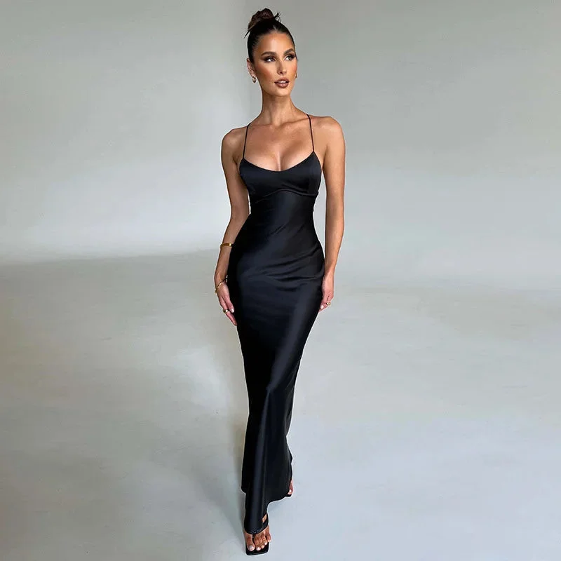 DressBetty - 2024 Satin Backless Spaghetti Strap Sleeveless Bodycon Maxi Dress