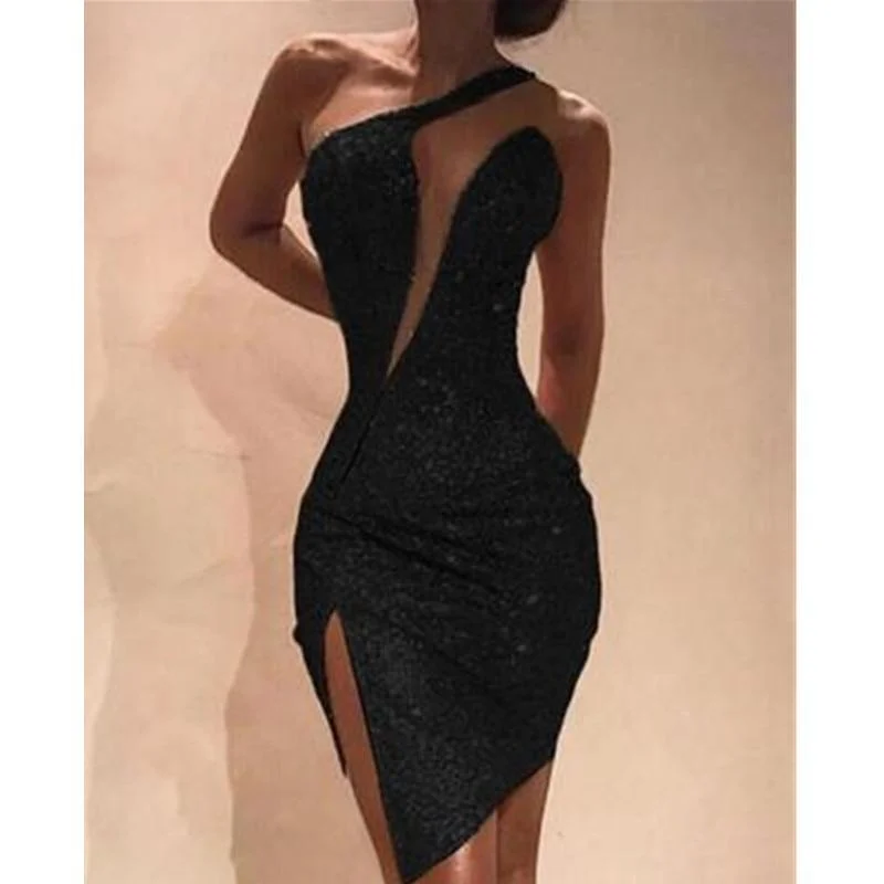 FashionSierra - One Shoulder Cut Out Slit Bodycon Sequin Dress