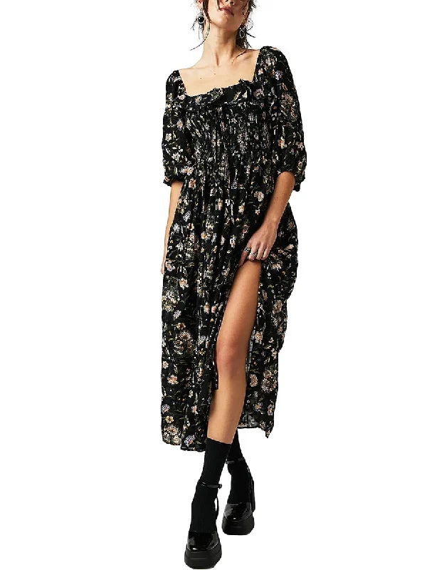 DressBetty - 2024 Square Neck A-Line Swing Fall Flowy Flower Tiered Boho Long Dress