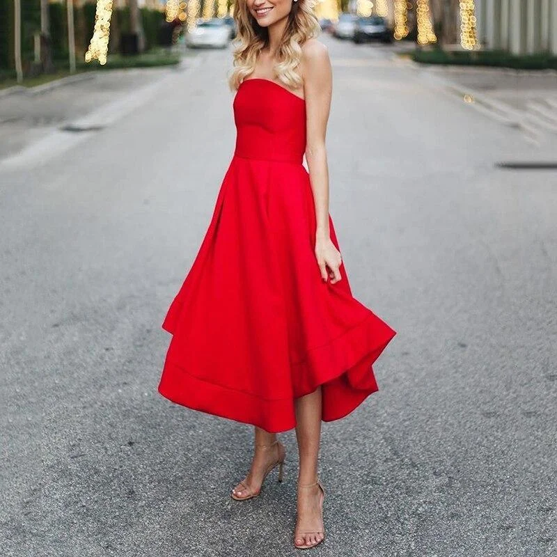 FashionSierra - Strapless red a line midi dress off shoulder pleated dress