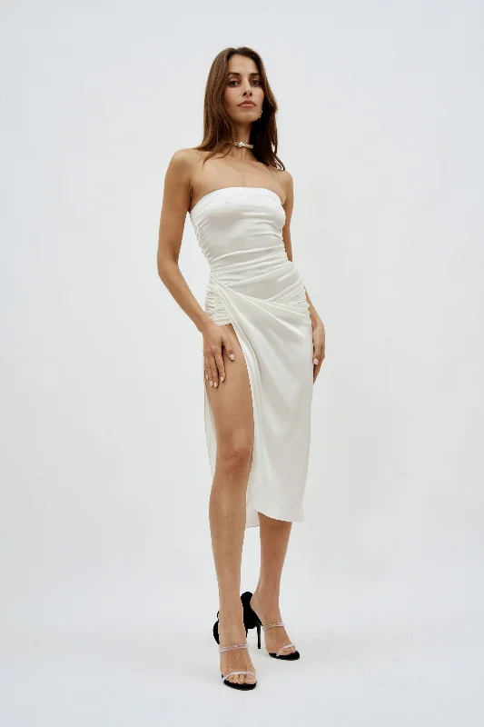 Strapless Ruched White Midi Dress