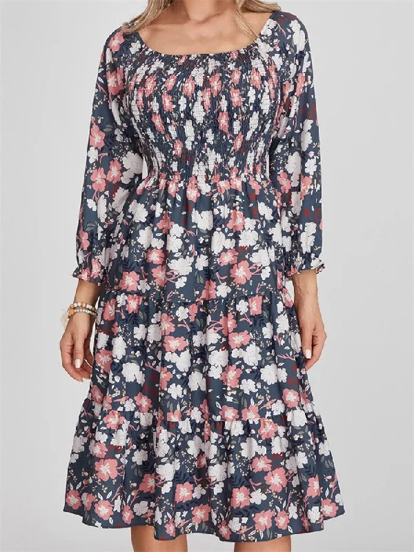 Vintage Bohemian Floral Print Long Sleeve High Waist A-Line Midi Dress