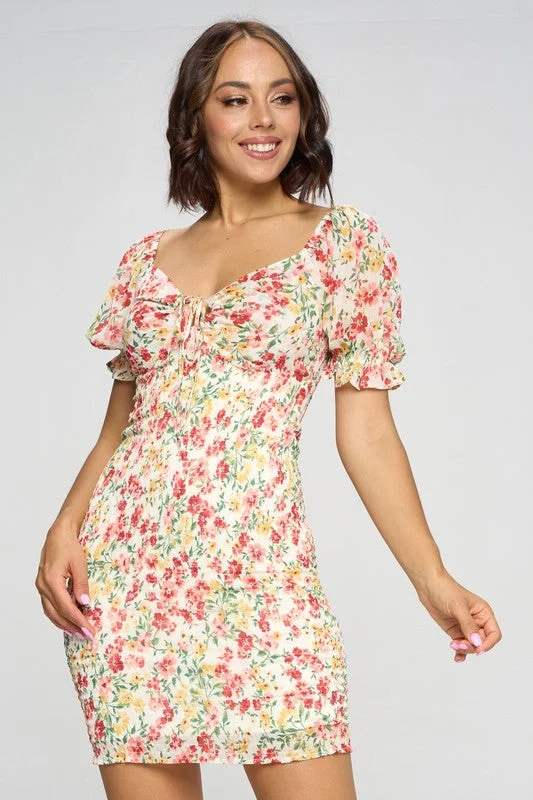 Lisa, Short sleeve smocked bodycon flower dress