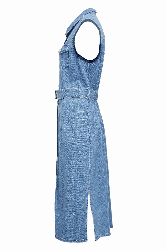 Denim Sleeveless Shirt Dress (Light Indigo Wash)