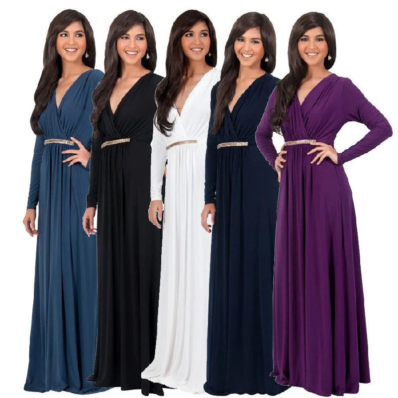Long Sleeve V-neck Pleated Long Dress Wrap Maxi Skirt