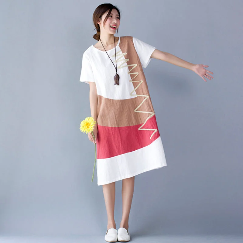 Loose Fit Mid-length Short Sleeve Cotton Linen Dress--Sleek Mini Skirt